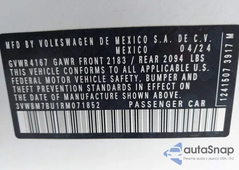 2024 Volkswagen Jetta 1.5T Sport z USA, uszkodzony, nr VIN 3VWBM7BU1RM071852